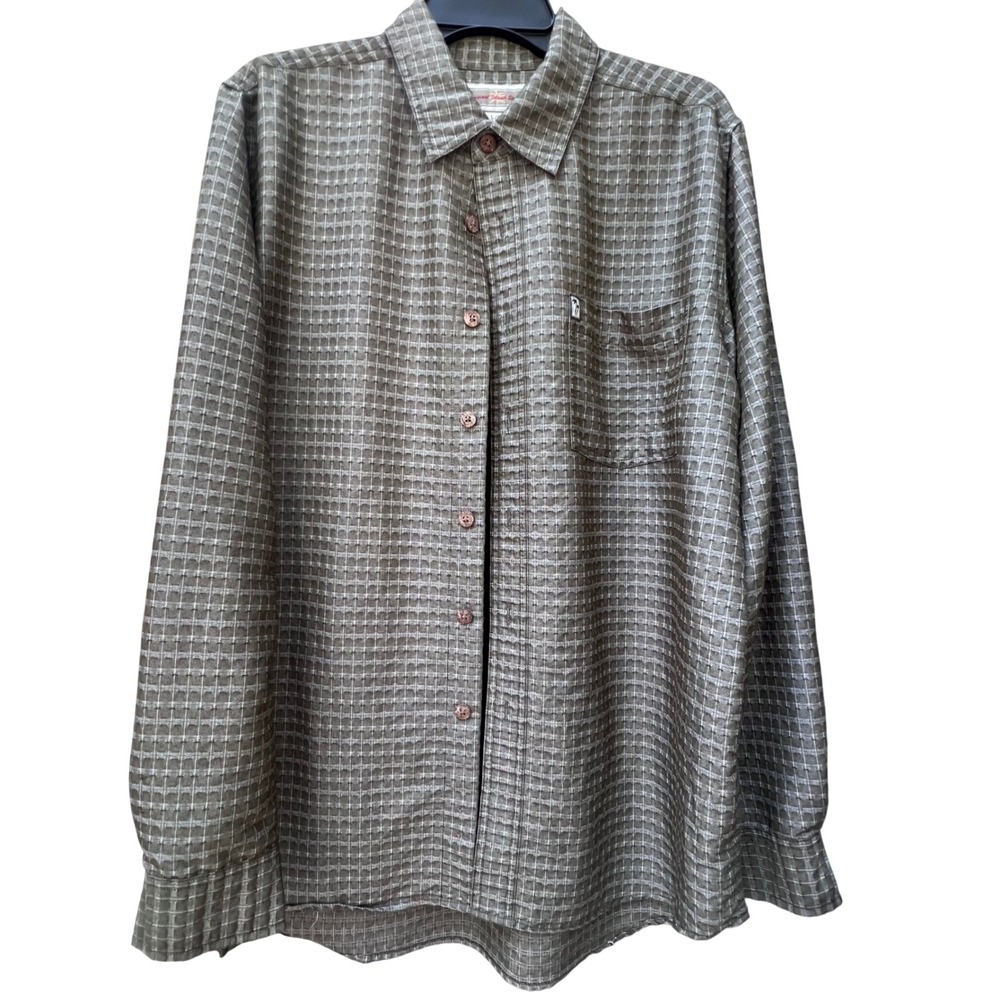 Original Island Sport Mens Large Olive Green Textured Grid Button Down Shirt EUC